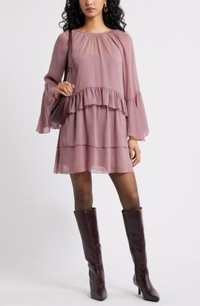 Open Edit Long Sleeve Tiered Chiffon Dress in Purple Wistful at Nordstrom, Size Xx-Small