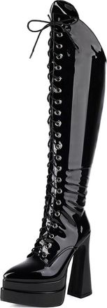 Generic Womens Lace Up Gothic Punk Boots with Zipper Pointed Toe Platform Long Boots Chunky High Heel Over The Knee Boot,Black,3.5 UK
