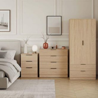 Home Discount Trega 3pc Bedroom Furniture Set - 3 Drawer Bedside, 4 Drawer Chest & 2 Door Wardrobe, Pine