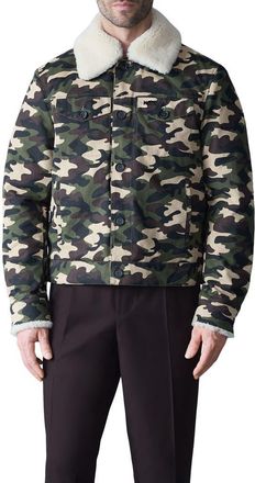 Mackage Nash Camo Cotton Trucker Jacket with Removable Genuine Shearling Collar in Camouflage Print at Nordstrom, Size 42