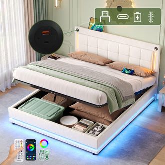 Matteo 4ft6 Double Beige Velvet Ottoman Bed Frame with LED Lights & USB/Type-C Charging & Adjustable Headboard