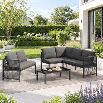 Merax 6 Seater L-Shaped Garden Sofa Set with Tempered Glass Coffee Table in Grey