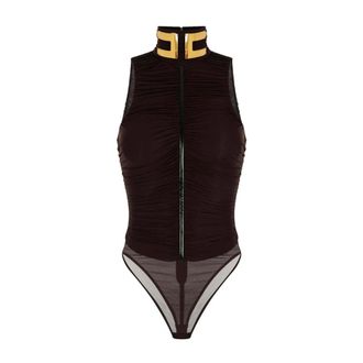 Elisabetta Franchi Bodysuit van stretchjersey met juwelencol - Dames - Tops - Bruin - Maat: 2XL Jersey