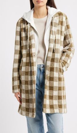 Thread & Supply Plaid Coat with Bib Hoodie in White Sand Olive Plaid at Nordstrom, Size X-Large