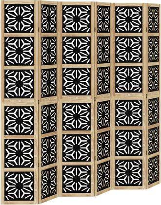 vidaXL Biombo Separador 6 Paneles Madera Maciza Paulownia Marr&oacute;n Negro Vidaxl