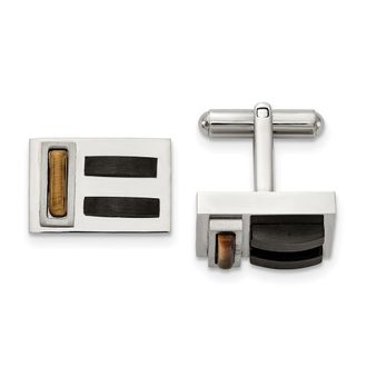 Diamond2Deal Stainless Steel Brushed and Polished Black IP-plated with Tigers Eye Cufflinks