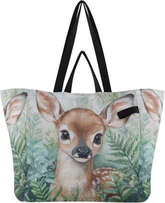 Generic Deer Green Plant print Reusable Canvas Tote Bag, Heavy Duty Grocery Shopping Bag with Hard Bottom Double Handles Large Capacity Work Groceries Travel