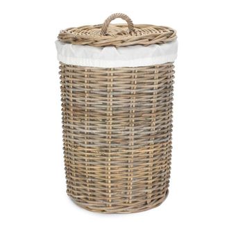 Red Hamper Round Rattan Laundry Hamper Basket with White Lining in Natural | Size: Large