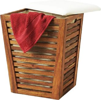 Relaxdays Relaxdays Cesto Ropa Con Asiento, Banco De Ba&ntilde;o Con Almacenaje, 50 L, 65x40x40 Cm, Madera De Acacia Y Tela Marr&oacute;n/blanco