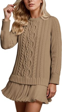 Generic Women Cable Knit Sweater Dress Crewneck Long Sleeve Pleated Mini Dress Twofer Style Patchwork Dress