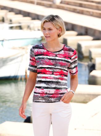 Casual Looks Kurzarmshirt CASUAL LOOKS Kurzarm-Shirt, Damen, Gr. 38, rot (ecru, erdbeere, bedruckt), 95% Viskose, 5% Elasthan, bedruckt, gemustert, mehrfarbig, Run