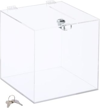 Relaxdays Relaxdays donation box, acrylic, lockable, 2 keys, hinged lid, HxWxD: 20 x 20 x 20 cm, clear