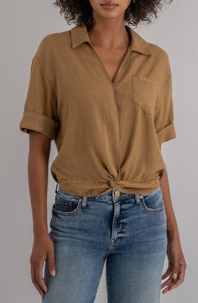 Kut from the Kloth Rebel Knot Front Linen Blend Top in Wood at Nordstrom, Size X-Small