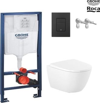GROHE Bastidor Grohe Pack Cisterna Empotrada Y Pulsador Negro Mate Con Inodoro Wc Suspendido Roca Ona Blanco 48 Cm