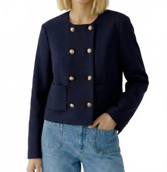 Oui Collarless Scuba Jacket In Dark Blue
