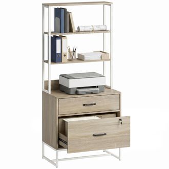 HOMCOM Homcom Cajonera Escritorio Con Estanter&iacute;a, Mueble Archivador Con 2 Cajones, Encimera Para Impresora, Cerradura, Para A4 Letter Legal, Roble
