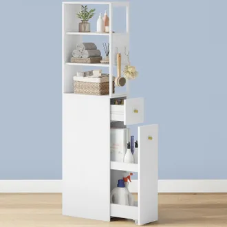 OEM Mobile Da Bagno, Mobiletto Portaoggetti, Alto, Unit&agrave; Stretta Con Cassetto Con Rotelle, 3 Ripiani Aperti, Mobiletto Bagno Salvaspazio, Per Bagnos, Sogg