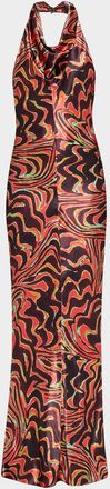 Christopher John Rogers Wavy-Print Satin Cowl-Neck Halter Gown