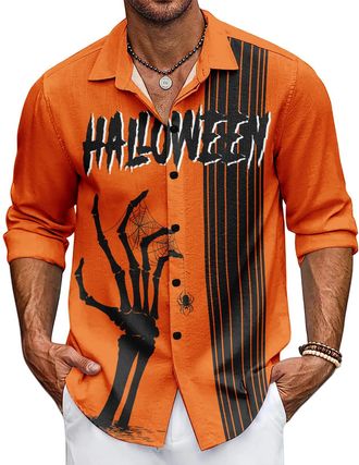 Generic Halloween Mens Long Sleeve V-Neck Shirt - Pumpkin Autumn Winter Casual Button T-Shirt (UK, Alpha, XXL, Regular, Regular, 7)