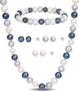 Amour 7.5-8mm Multi-color Freshwater Cultured Pearl 5-piece Set Of Necklace Earrings & Bracelet In Sterling Silver