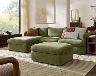 Castlery Ollie Storage Chaise Sectional Sofa Left Facing with Ottoman, (Greta) Moss, Removable Covers, Gaslift Storage for Living Room