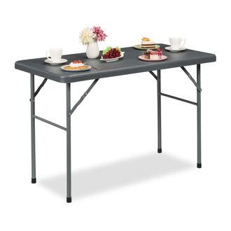 Relaxdays Relaxdays Mesa Jard&iacute;n Efecto Rat&aacute;n, Plegable, Rectangular, Resistente, Pl&aacute;stico Y Acero, 74 X 121,5 X 61 Cm, Gris