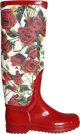 Dolce & Gabbana Womens Rose Print Tall Rubber Boots - Red - Size EU 36