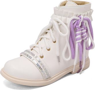 Generic Womens Retro Round Toe PU Leather Ankle Boots Ruffled Lace Up Sequin Detail Low Block Heels Soft Lining Cushioned Insole Durable Outsole,White,3.5 UK