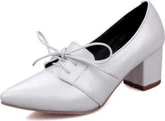 Generic MiaZane Womens Pointed Toe Lace-Up Mid Chunky Block Heel Oxford Pumps for Office & Business Meeting PU Soft Lining Elegant Design,White,6.5 UK