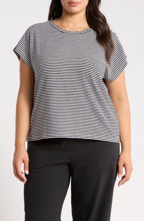Eileen Fisher Striped Organic Cotton T-shirt in Blkwh at Nordstrom, Size 1X