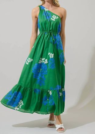 Sugarlips Hemmi Floral Elya One Shoulder Maxi Dress In Green/blue/white