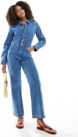 Miss Selfridge Tuta jumpsuit in denim con gambe dritte lavaggio medio-Blu