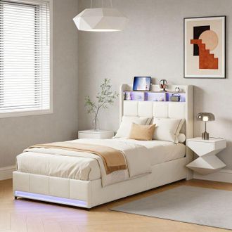 OEM Cama Litera Simple 90x200 Cm Con Cajones - Iluminaci&oacute;n Led - Usb Y Tipo-c - Somier De Lamas - Lino Beige