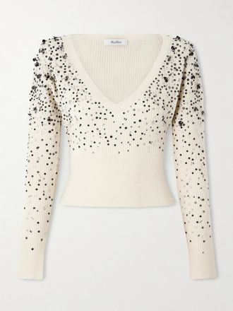 Max Mara Pullover Cropped In Misto Lana A Coste Con Decorazioni - Avorio
