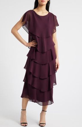 S.L. Fashions Tiered Chiffon Midi Dress in Fig at Nordstrom, Size 16