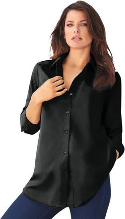 Roaman's Plus Size Kate Long Sleeve Easy Cotton-Blend Button-Front Shirt in Black at Nordstrom, Size 38