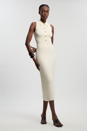 Karen Millen Rib Knit Collard Midi Dress in Ivory at Nordstrom, Size Medium