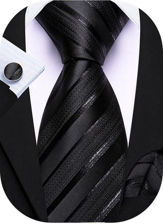 Barry.Wang Men Black Ties Silk Striped Solid Color Necktie Handkerchief Cufflinks Set Woven Wedding Formal