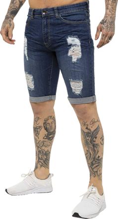 Enzo Jeans EZSEZS383 Jeans Mens Denim Shorts Skinny Fit Distressed Stonewash Ripped Half Pants Mid Blue 28