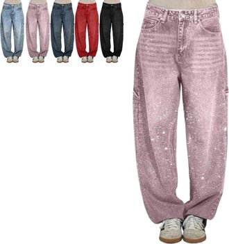 Generic Womens Casual Rhinestone Loose Harem Jeans, High Waisted Rhinestone Jeans for Women, Wide Leg Sparkly Jeans (Pink,3X-Large)