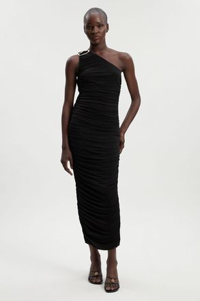 Karen Millen Womens One Shoulder Drapey Crepe Trim Detail Ruched Maxi Dress - Black - Size X-Small