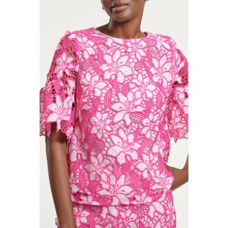 Isaac Mizrahi New York Floral Embroidered Eyelet Top in Fuchsia at Nordstrom, Size Medium
