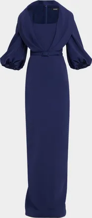 Badgley Mischka Draped Shawl-Collar Column Gown