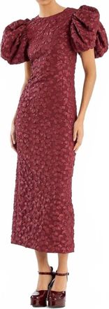 Rotate Jacquard Midi Puffy Dress In Burgundy
