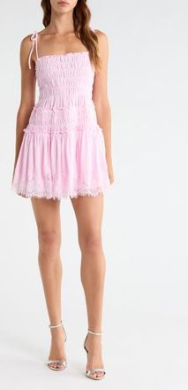 All in Favor Shirred Tie Shoulder Lace Trim Minidress in Pink at Nordstrom, Size X-Large