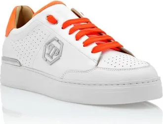 Philipp Plein Mix Leather Lo-Top Sneakers Unisex in White/orange at Nordstrom, Size 44