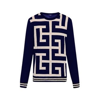 Balmain Sweatshirts, female, Multicolor, Size: S Navy and White Monogram Jacquard Wool Sweater