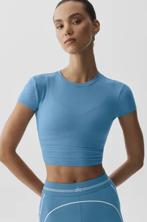 Alo Alosoft Crop Finesse Short Sleeve Top in California Blue, Size: Medium