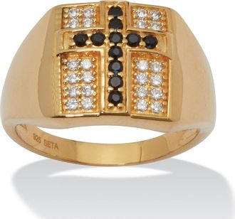 Palm Beach Jewelry 22 TCW Mens Round Black Spinel and CZ Gold-Plated Sterling Silver Cross Ring