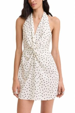 Matthew Bruch Twist Deep V Mini Dress In Cream Black Polka Dots